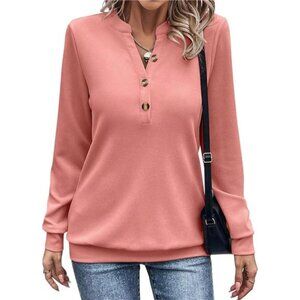 Womens V Neck Sweatshirt Long Sleeve Half Button Pullover Lightweight Casual Top